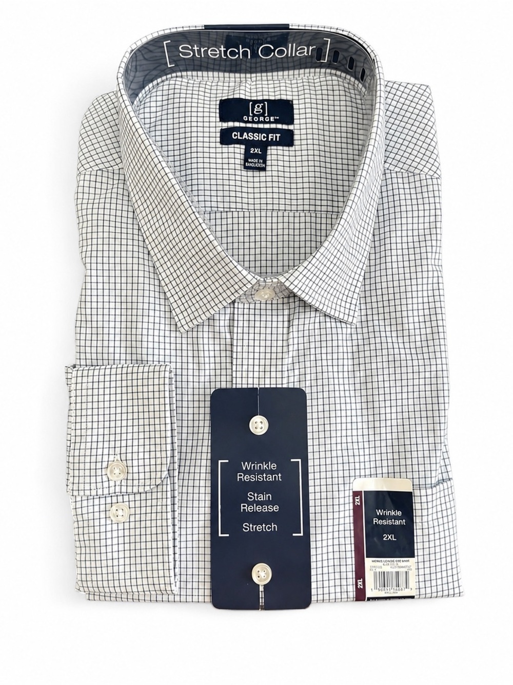 George Men’s 2XL Dress Shirt Blue Mini Check Classic Fit Stretch NWT